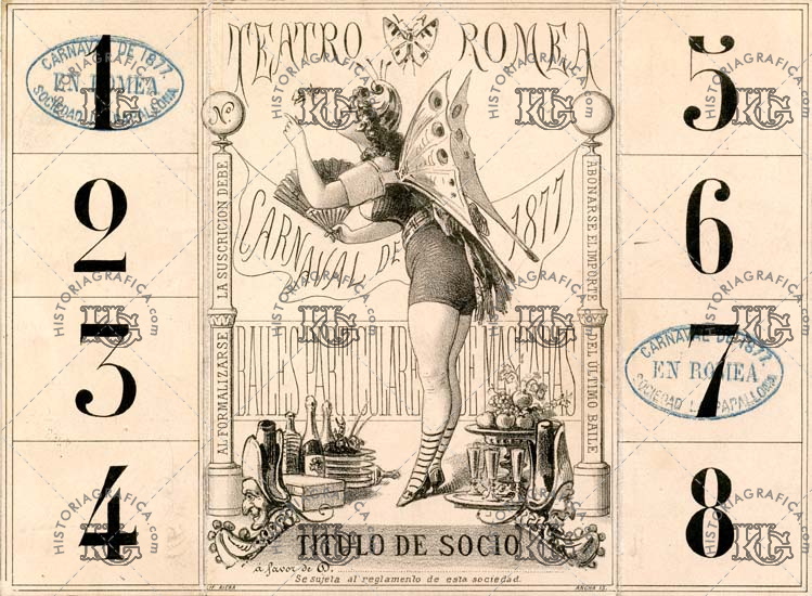 Título de socio del Carnaval de 1877 teatro Romea. Ref: LL00089