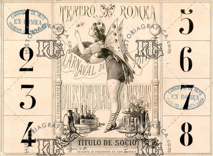 Título de socio del Carnaval de 1877 teatro Romea. Ref: LL00089