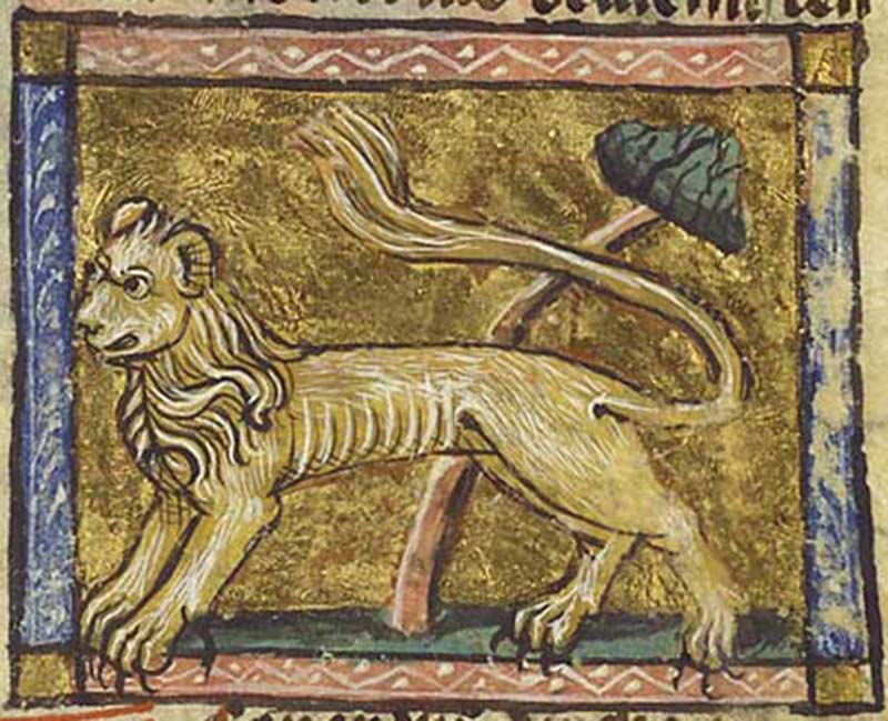 Ilustración de un león que aparece en el manuscrito Der Naturen Bloeme